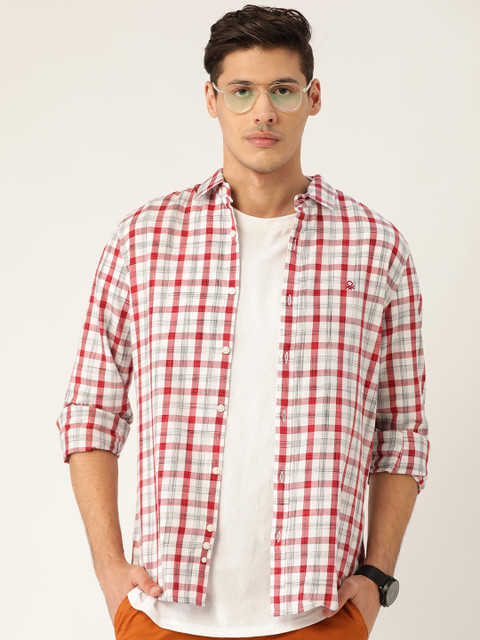 

United Colors of Benetton Men White & Red Slim Fit Checked Casual Shirt