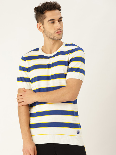 

United Colors of Benetton Men Blue & White Striped Round Neck Winter T-shirt