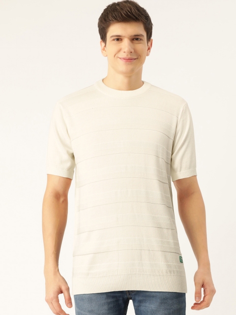 

United Colors of Benetton Men Off-White Self-Striped Round-Neck T-shirt