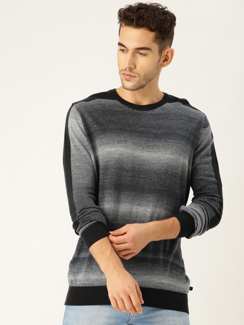 

United Colors of Benetton Men Charcoal Grey & White Self Striped Pullover Sweater