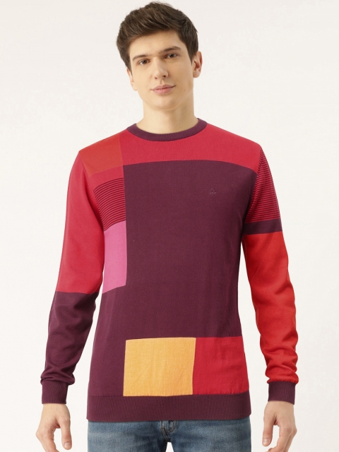 

United Colors of Benetton Men Burgundy & Yellow Colourblocked Pullover