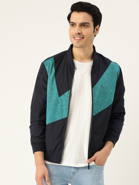 

United Colors of Benetton Men Navy Blue Colourblocked Bomber Jacket