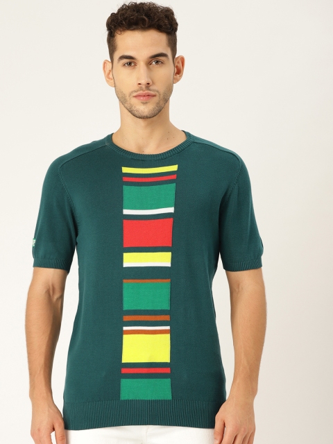 

United Colors of Benetton Men Green Striped Round Neck T-shirt