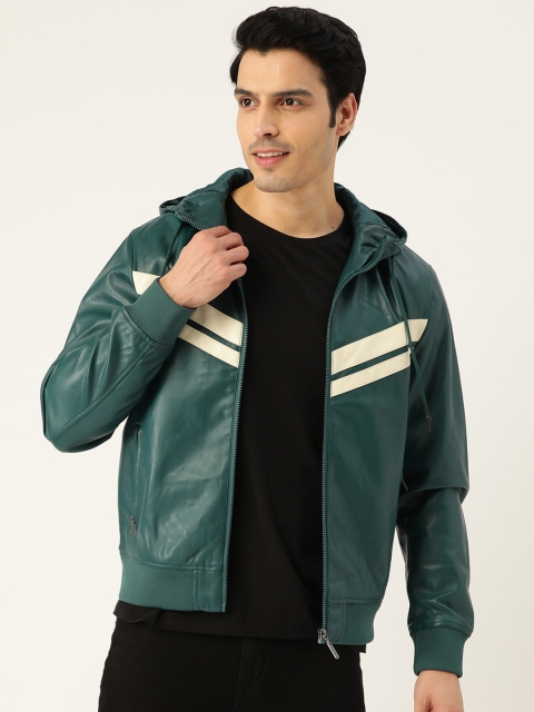 

United Colors of Benetton Men Teal Green & Off-White Striped Bomber Jacket