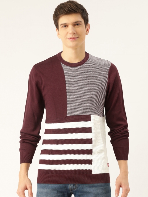 

United Colors of Benetton Men Maroon & White Striped Pullover Sweater