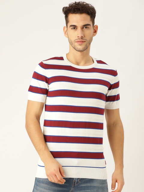

United Colors of Benetton Men White & Maroon Striped Round Neck Winter T-shirt