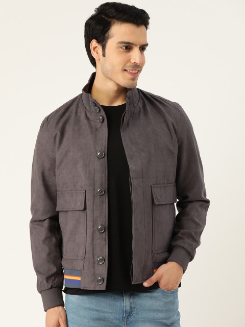 United Colors of Benetton Men Grey Suede Finish Solid Varsity Jacket