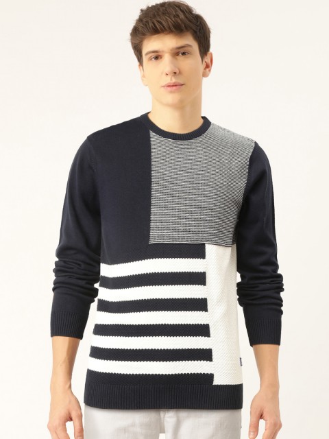 

United Colors of Benetton Men Navy Blue & White Striped Pullover Sweater