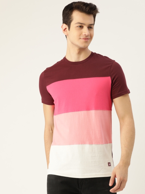 

United Colors of Benetton Men Pink & Maroon Striped Round Neck T-shirt