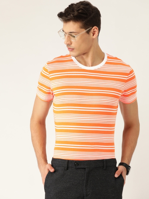 

United Colors of Benetton Men Orange & White Striped Round Neck T-shirt