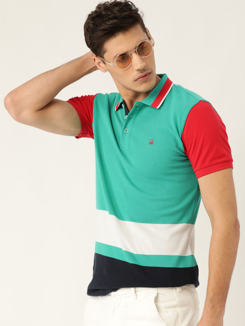 

United Colors of Benetton Men Green & White Colourblocked Polo Collar T-shirt
