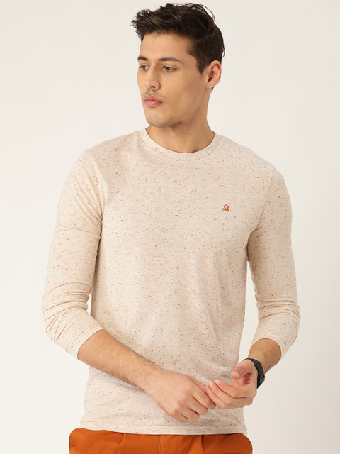 

United Colors of Benetton Men Cream-Coloured Speckled Round Neck T-shirt