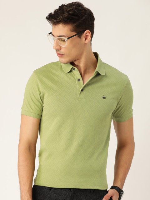 

United Colors of Benetton Men Green Self Design Polo Collar T-shirt