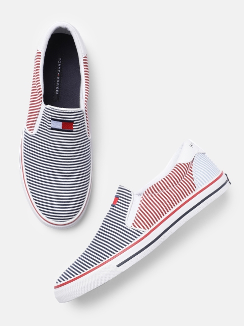 

Tommy Hilfiger Women White & Navy Blue Striped Slip-On Sneakers