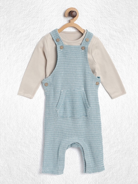 

YK Boys Beige & Teal Green Solid Bodysuit with Striped Dungarees