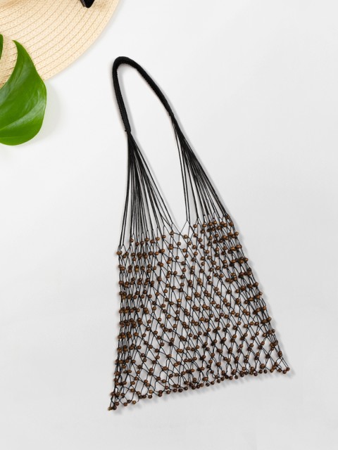 

MANGO Black & Brown Criss-Cross See Through Wooden Beaded Handmade Shoulder Bag