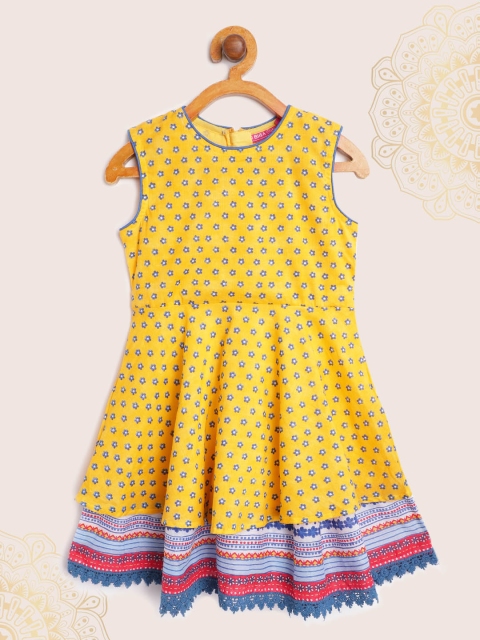 

Biba Girls Yellow & Blue Pure Cotton Floral Printed Layered Fit & Flare Dress
