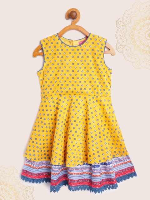 

Biba Girls Yellow & Blue Pure Cotton Ditsy Floral Printed Layered Fit & Flare Dress