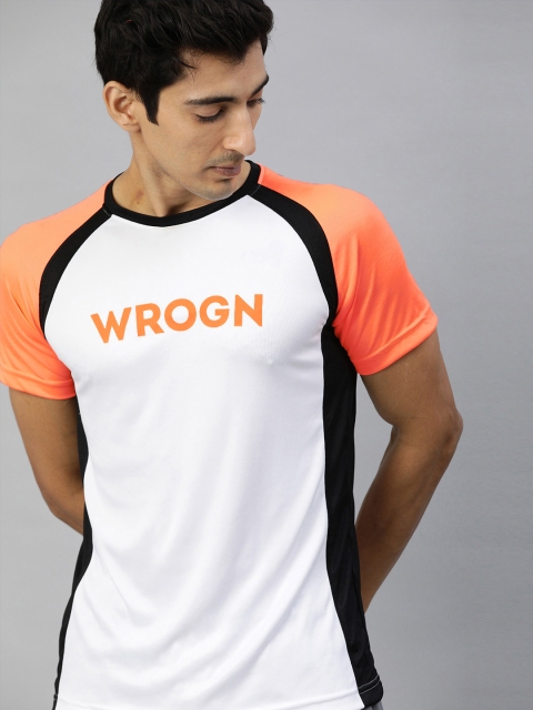 

WROGN ACTIVE Men White & Orange Colourblocked Round Neck T-shirt