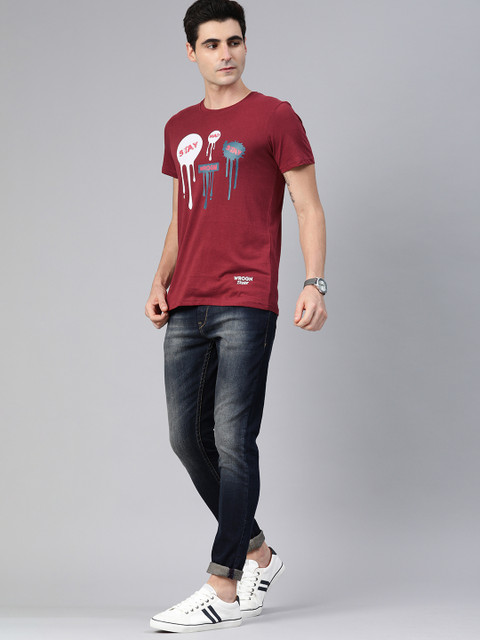 

WROGN Men Red Slim Fit Printed Round Neck T-shirt