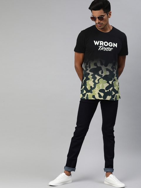 

WROGN Men Black & Olive Green Camouflage Printed Round Neck T-shirt