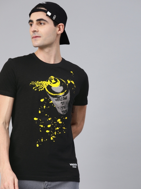 

WROGN Men Black Slim Fit Printed Round Neck T-shirt