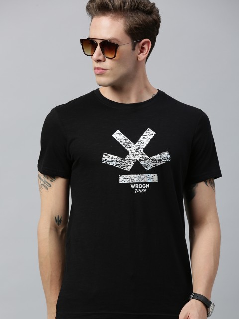

WROGN Men Black Printed Slim Fit Round Neck T-shirt