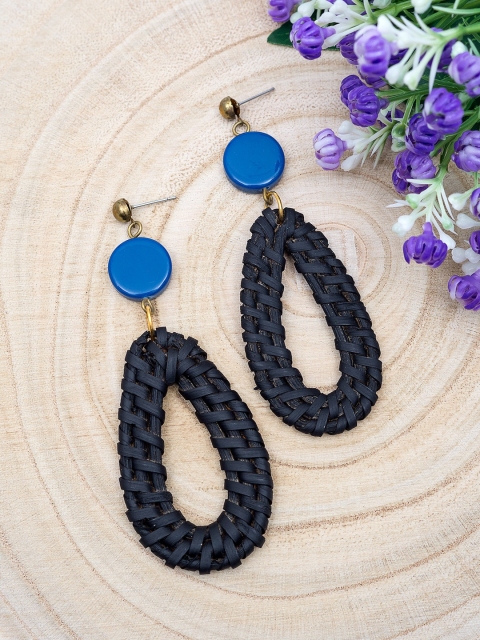 

Golden Peacock Gold-Plated Black & Blue Teardrop Shaped Drop Earrings