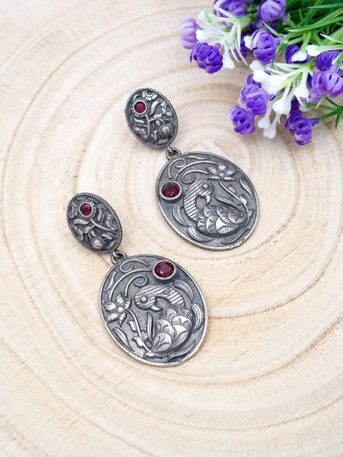 

Golden Peacock Silver-Plated Grey & Maroon Oxidised Oval Drop Earrings