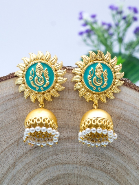 

Golden Peacock Gold-Plated & Turquoise Blue Floral Jhumkas