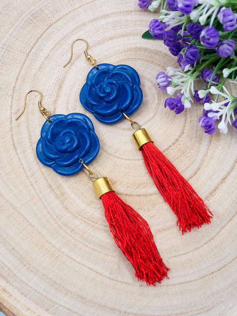

Golden Peacock Red & Blue Floral Shaped Tasseled Drop Earrings