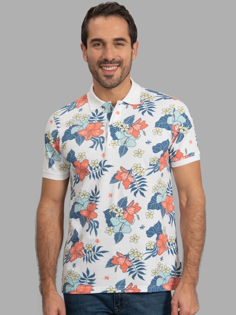 

Beverly Hills Polo Club Men White & Blue Floral Printed Polo Collar T-shirt