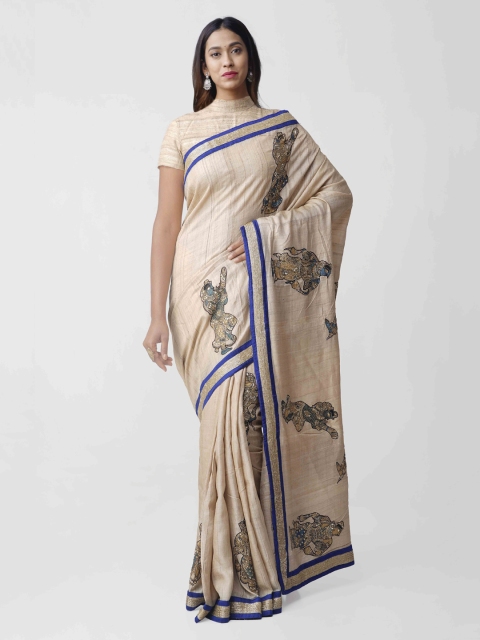 

Unnati Silks Cream-Coloured & Blue Pure Silk Embroidered Handloom Kasavu Saree
