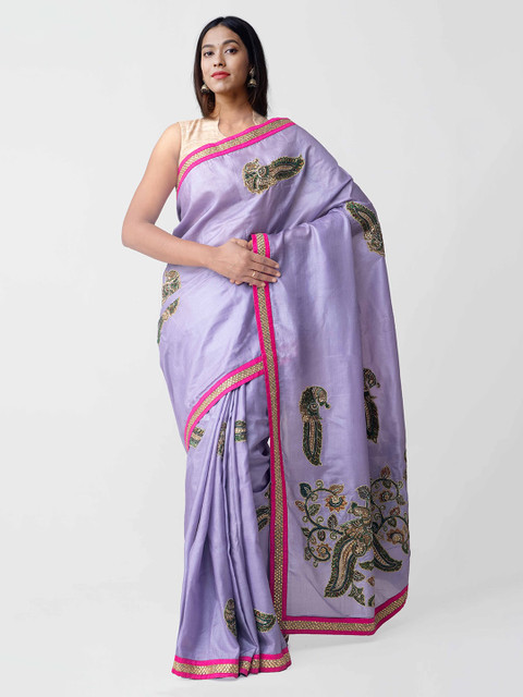 

Unnati Silks Purple Pure Silk Embroidered Handloom Kerala Tussar Silk Sustainable Saree
