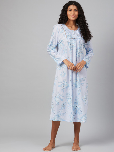 

Marks & Spencer White & Blue Pleated Floral Printed Nightdress