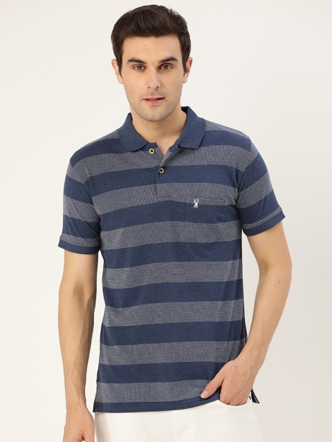 

PORTBLAIR Men Navy Blue & White Striped Polo Collar T-shirt