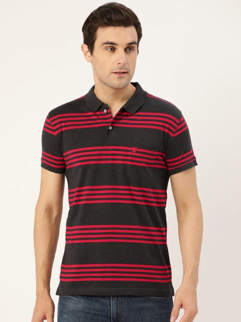 

PORTBLAIR Men Charcoal Grey & Red Striped Polo Collar T-shirt