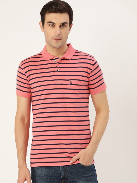 

PORTBLAIR Men Pink & Navy Blue Striped Polo Collar T-shirt
