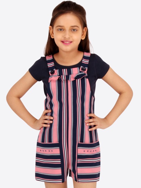 

CUTECUMBER Girls Navy Blue & Pink Striped T-shirt & Dungarees
