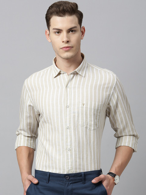 

Van Heusen Sport Men Beige & White Slim Fit Striped Casual Linen Shirt