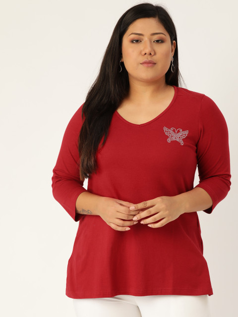

Revolution Women Maroon Solid V-Neck Plus Size Pure Cotton T-shirt