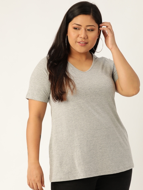 

Revolution Women Grey Melange Solid V-Neck Plus Size Pure Cotton T-shirt