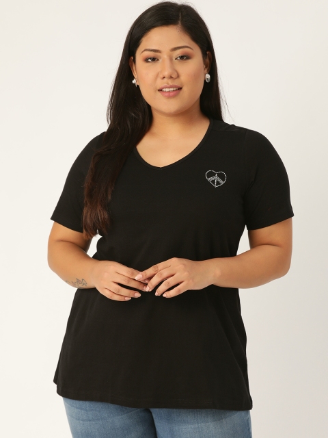 

Revolution Women Black Plus Size Solid V-Neck T-shirt