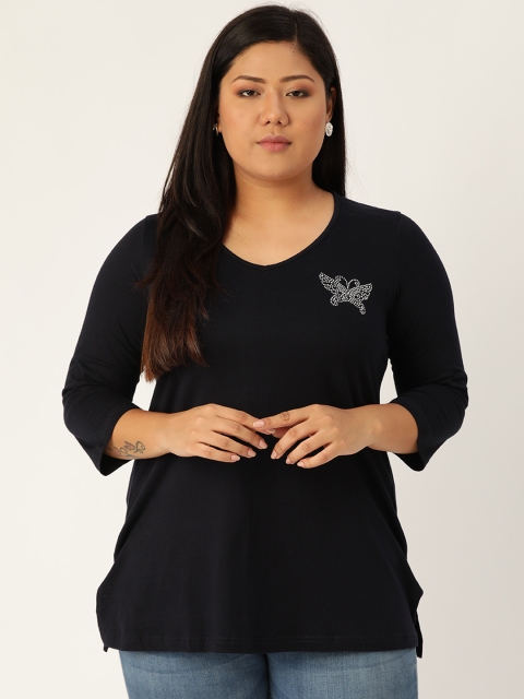 

Revolution Women Navy Blue Solid V-Neck Plus Size Pure Cotton T-shirt