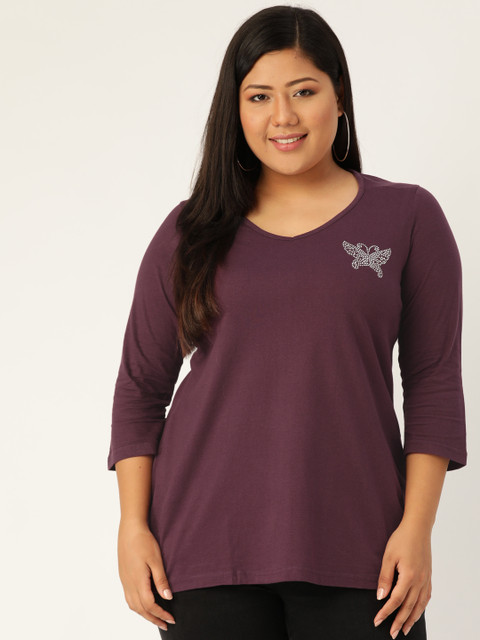 

Revolution Women Purple Solid V-Neck Pure Cotton T-shirt