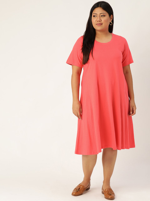 

Revolution Women Coral Solid Plus Size A-Line T-Shirt Dress