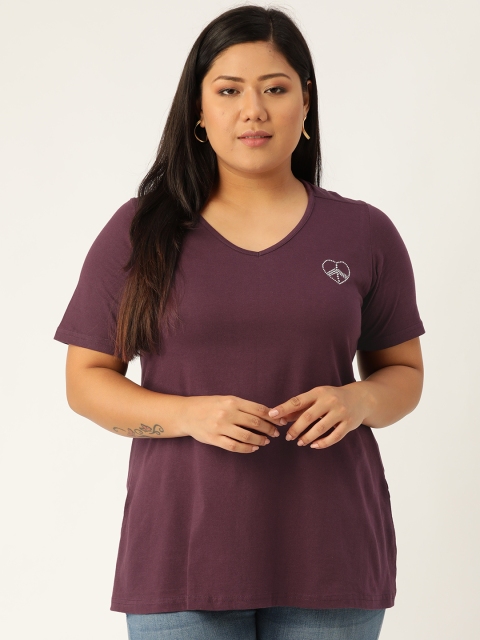 

Revolution Women Purple Solid V-Neck Plus Size Pure Cotton T-shirt