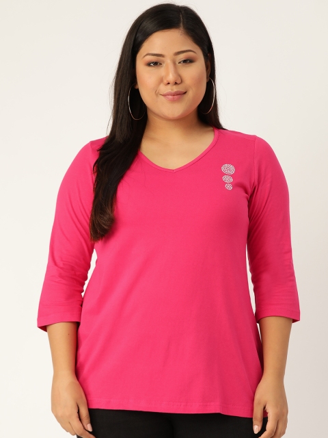 

Revolution Women Pink Solid V-Neck Plus Size T-shirt