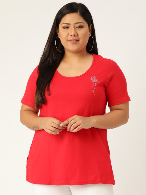 

Revolution Women Red Plus Size Solid Round Neck T-shirt