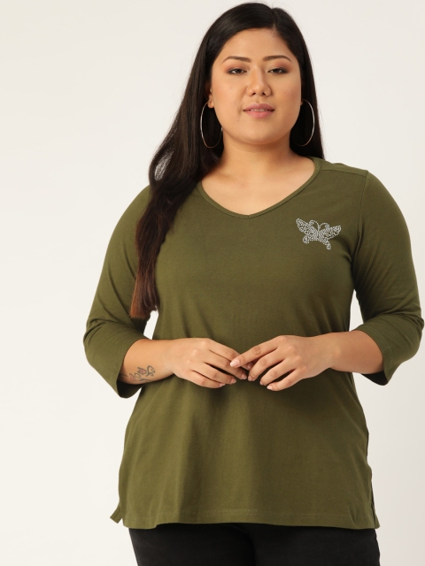 

Revolution Women Olive Green Solid V-Neck Plus Size Pure Cotton T-shirt